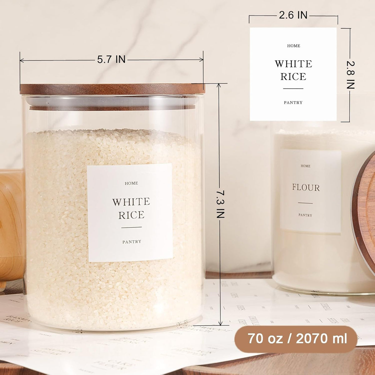 Glass Rice Containers with Acacia Wood Lids, 70oz Airtight Flour and Sugar Jars with 105 Labels, Large Glass Pantry Storage Jars for Cereal, Protein Powder, Cookies, Dry Food