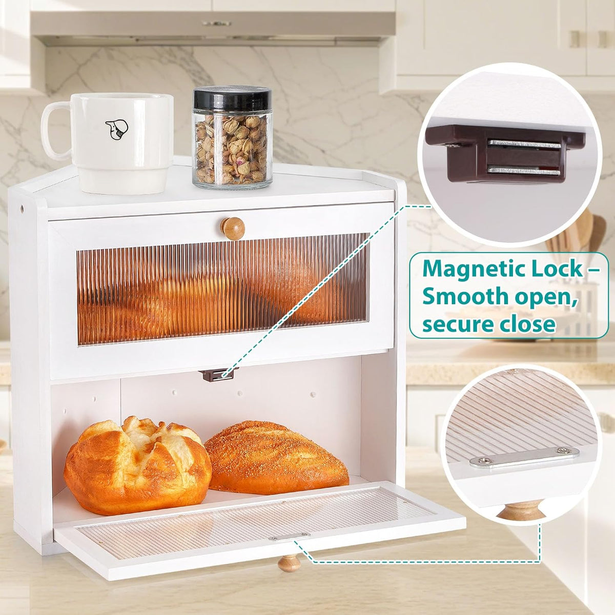 Sunhoo Bread Box for Kitchen Countertop Corner Large Wooden Bread Bin 2 Tier Rustic Food Storage Container with Acrylic Window Farmhouse Keeper Shelf Organizer for Loaves Pastries & Snacks (Brown)