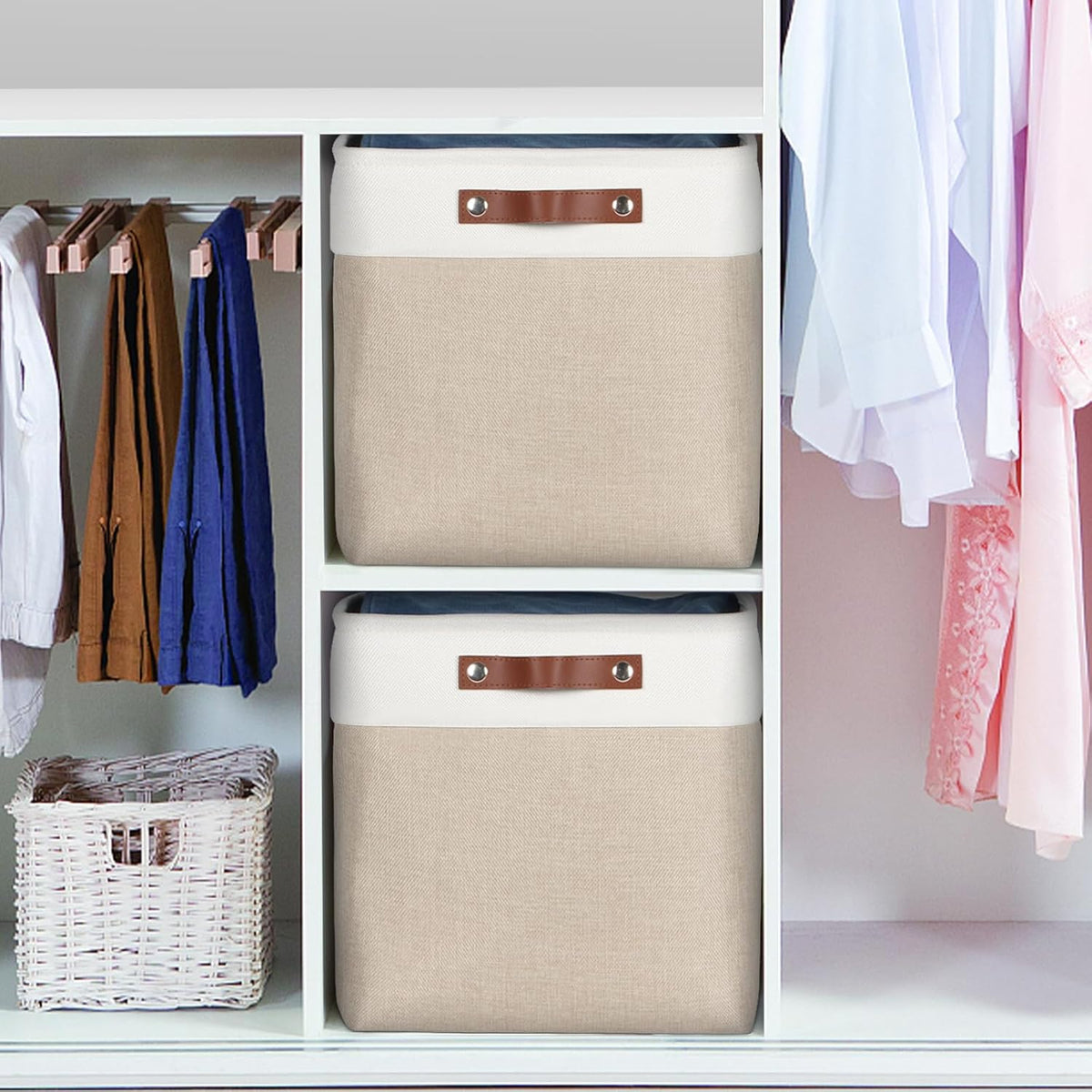 Univivi 4PC Small Fabric Storage Bins,15x6x5 inch Long Narrow Storage Baskets with PU Handles for Closet,Cabinet,Countertop Organizing Small Items (Gray,15x6x5 inch)