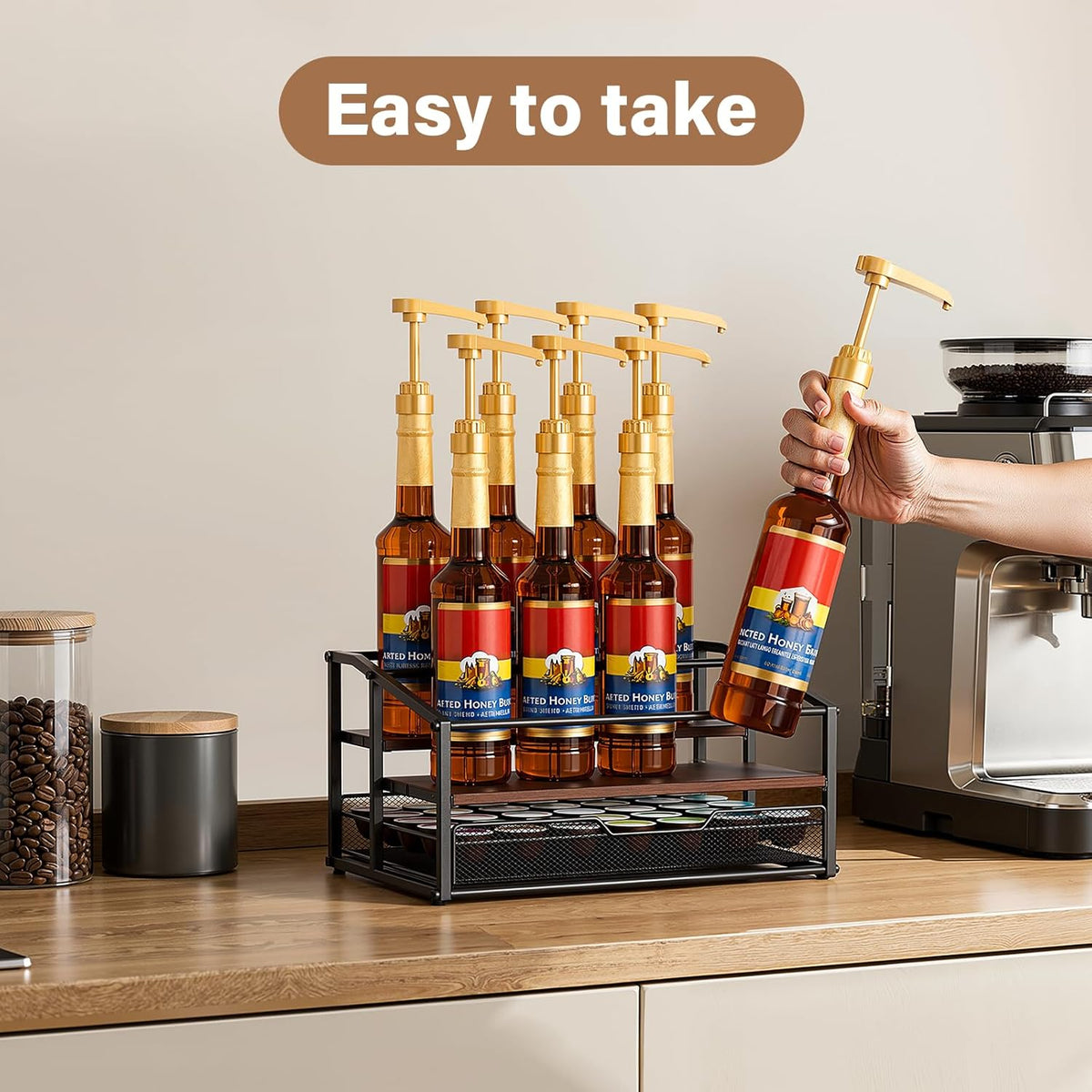 kimilus Coffee Syrup Rack Organizer, 4-Tier 12 Bottle Syrup Rack with 35 K Cup Drawer for Coffee Bar, Countertop Bottle Holder Stand for Dressing for Kitchen Cafe Station