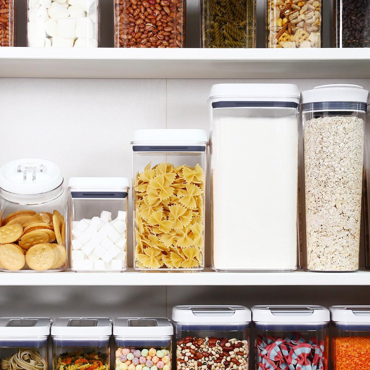 Felli Flip Tite Storage Container with Built-In Spoon & Airtight Lid 5” Large-M Ring Flip Top, Stackable Acrylic Canister for Sugar Flour Powder, Kitchen Pantry Organizer (1.8qt), 2 spoons