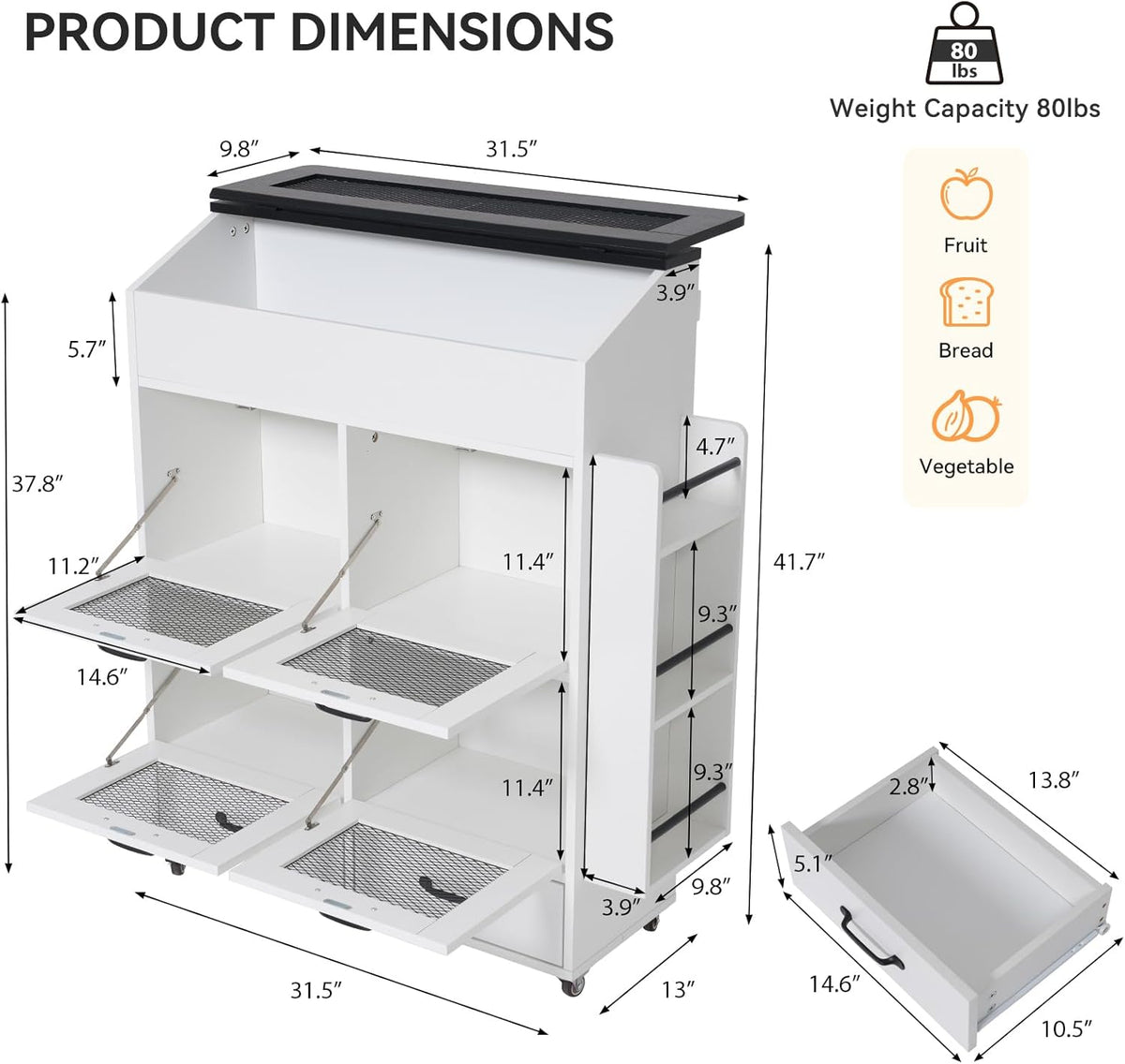 Verano Garden Potato and Onion Storage Bin on Wheels, Wood Bread Box with Lid & Mesh Doors, 4-Tier Rolling Fruit and Vegetable Storage Organizer w/Drawer & Side Rack for Kitchen (Rustic Brown, 16.0")