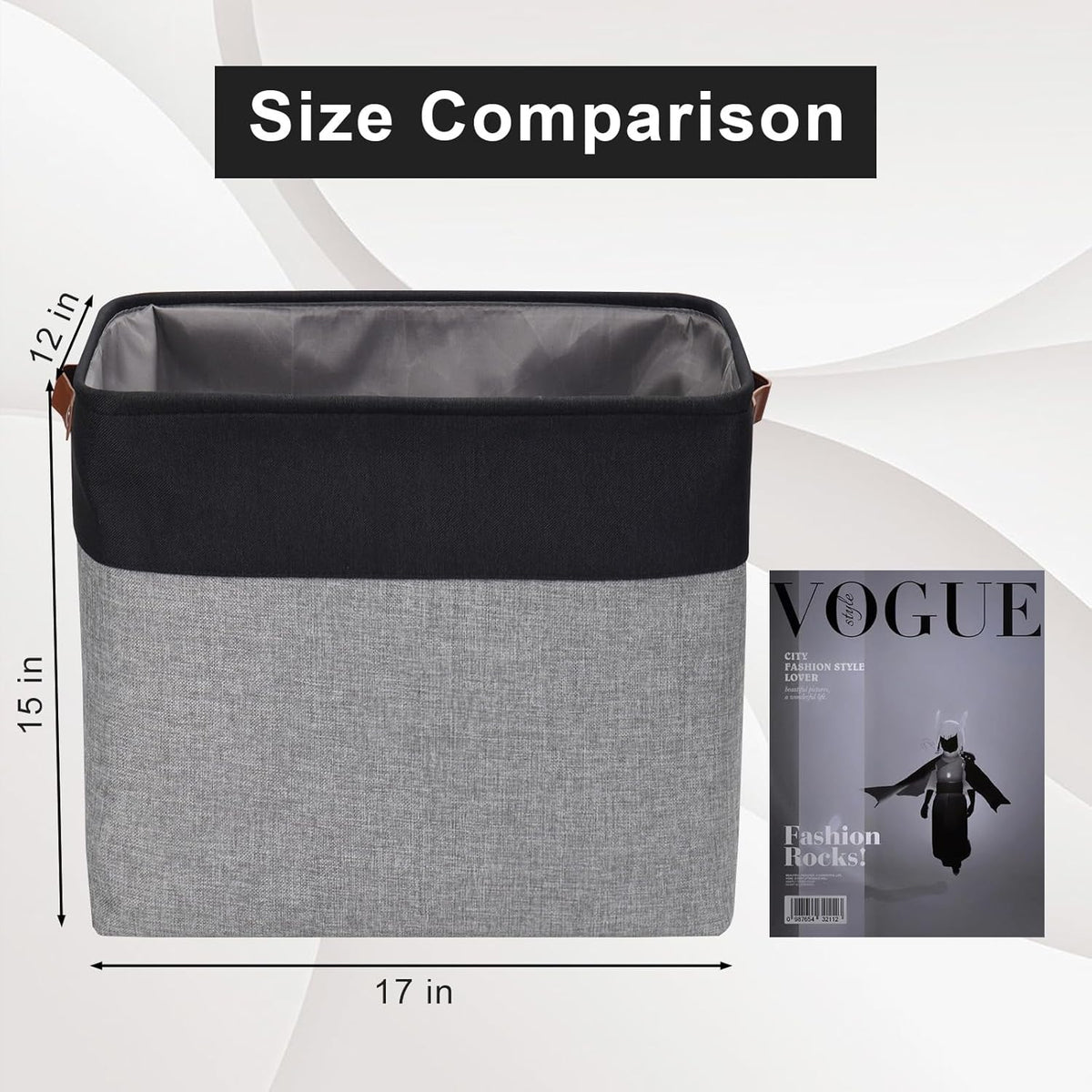 Bagnizer Large Fabric Storage Baskets | 50L Storage Bins, Decorative Linen Closet Baskets with Handles for Organizing, Shelf, Toys, Clothes, Home, Office, Nursery, 17x12x15Inches (Grey&White)