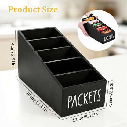 5-Section Large Capacity Seasoning Packet Organizer with Removable Dividers,Wooden Black Snack Organizer,for Kitchen Pantry Cabinet, Farmhouse Kitchen Organization Bin for Spice Packets Storage Basket