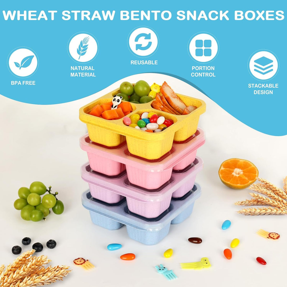 6 Pack Bento Box, 4 Compartment Lunchable Snack Containers with Lids for Meal Prep, School, Travel, Reusable Divided Lunch Food Container for Adults, Kids, Toddlers