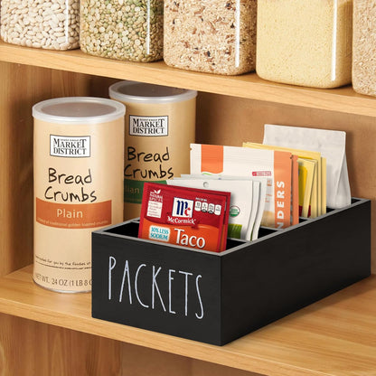 Seasoning Packet Organizer, Spice Packet Storage Organizer with 5 Compartments, Wooden Food Packet Organizer, Caddy Storage for Kitchen Pantry Cabinet, Modern Kitchen Organization Bins(Black)