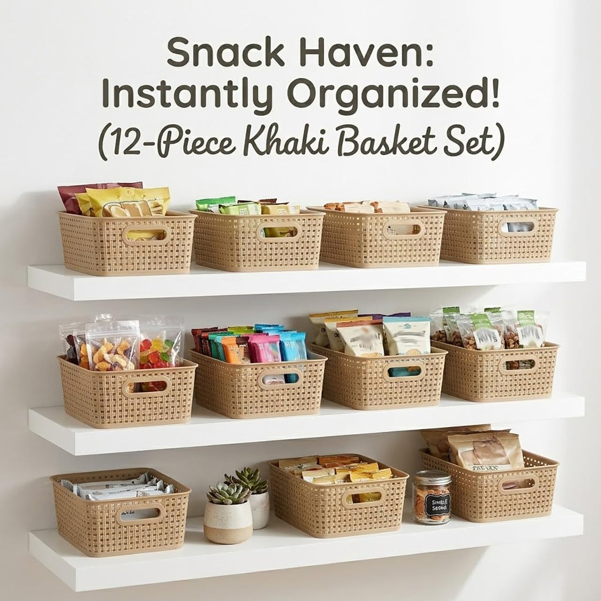 Khaki Stackable Storage Baskets, Plastic Weave Basket Organizer and Storage Set of 12, Pantry Organizing Baskets for Shelves, Kitchens, Bathrooms, Classrooms, Cabinets and Bedrooms