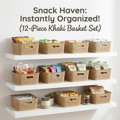 Khaki Stackable Storage Baskets, Plastic Weave Basket Organizer and Storage Set of 12, Pantry Organizing Baskets for Shelves, Kitchens, Bathrooms, Classrooms, Cabinets and Bedrooms