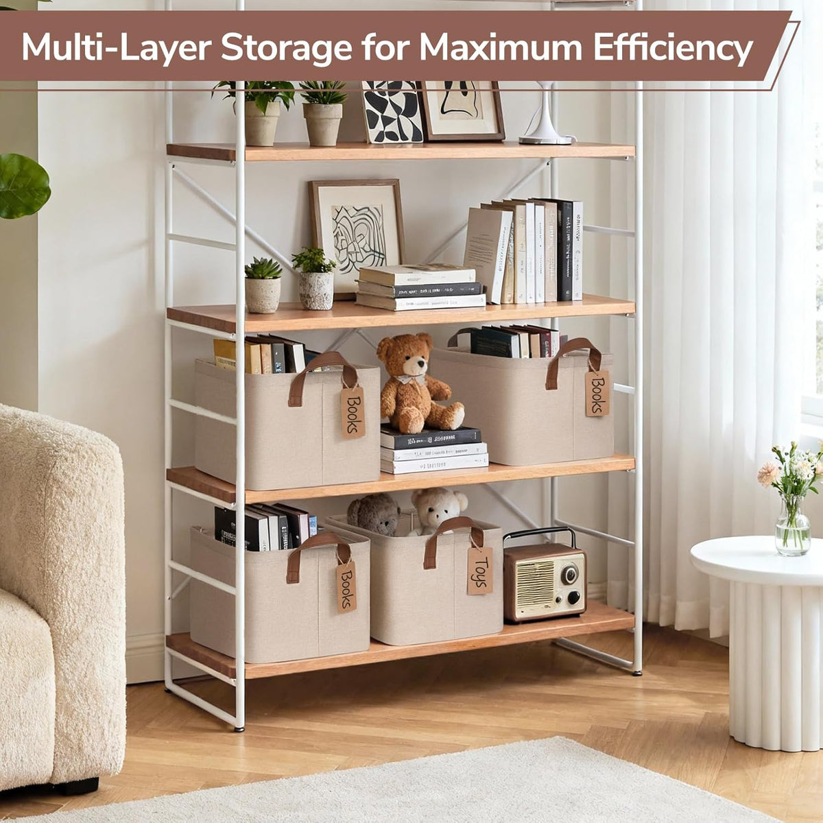 CHICVITA 4 Pack Large Storage Baskets for Shelves, Collapsible Closet Organizer Bins with Metal Frame, Fabric Storage Bins for Clothes Towels Organization, 16.8" x 11" x 9.8", Beige