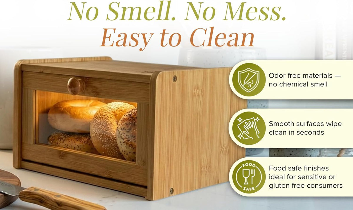Chiron’s Pantry Bread Box with Clear View Window, Premium Bamboo Bread Storage for Kitchen Countertop, Farmhouse Organizer with Lid for Brioche, Gluten‑Free Loaves and Everyday Baked Goods