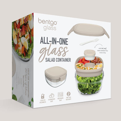 Bentgo Glass Prints Salad Container - 7.6-Cup Tinted Glass Salad Bowl with Airtight Lid, Leak-Proof Sauce Container, 4-Compartment Bento Meal Prep Tray & Reusable Fork (Floral Maximalist - Sea)