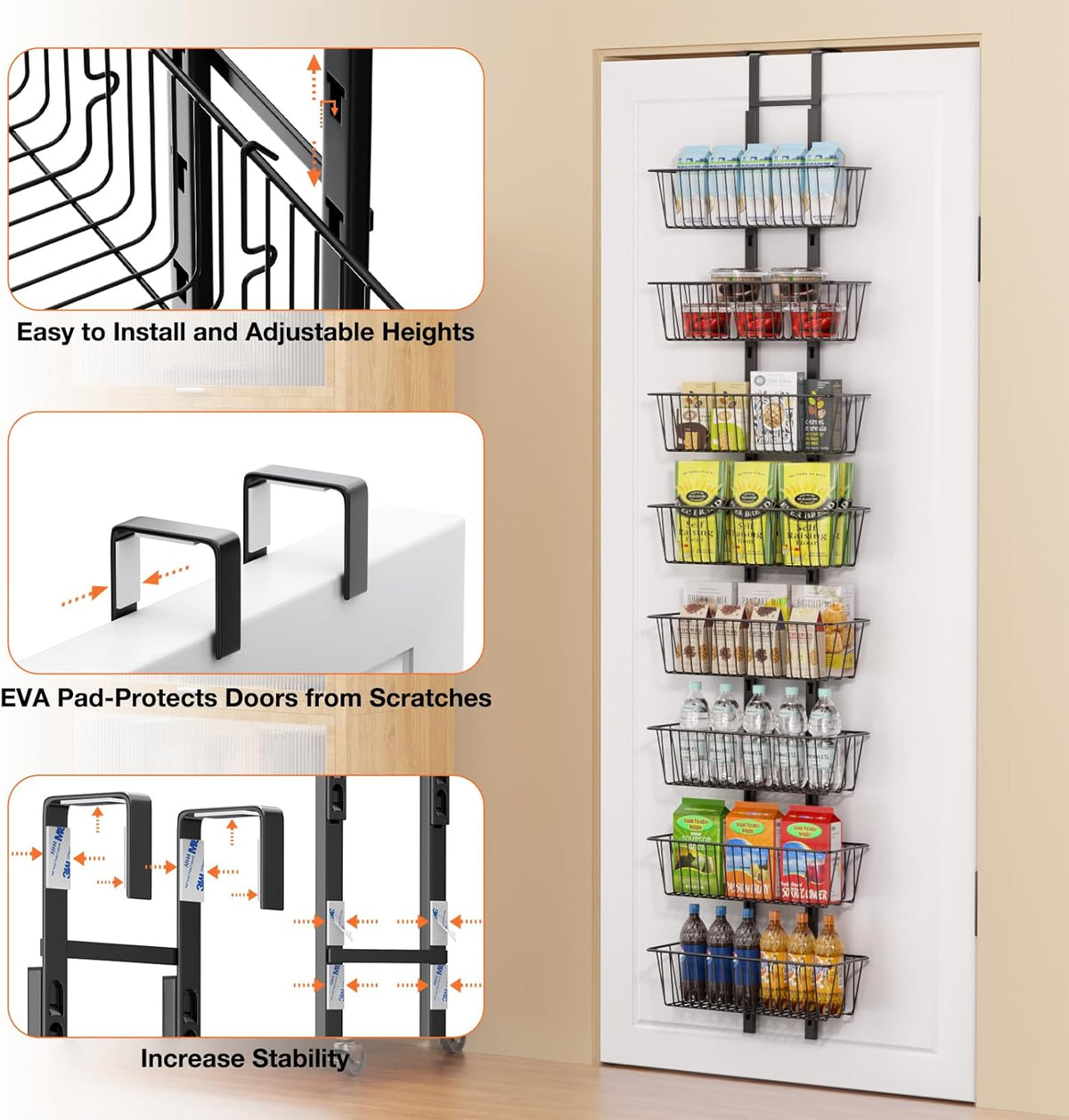 10 Tier Over the Door Pantry Organizer, Over the Door Spice Rack with Adjustable Baskets, Metal Hanging Door Pantry Organizers and Storage for Kitchen Bathroom Bedroom, White