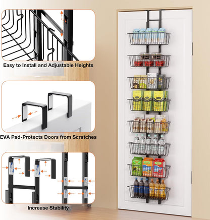 10 Tier Over the Door Pantry Organizer, Over the Door Spice Rack with Adjustable Baskets, Metal Hanging Door Pantry Organizers and Storage for Kitchen Bathroom Bedroom, White