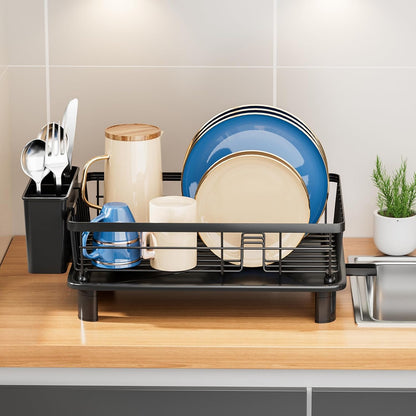 Dish Drying Rack, Stainless Steel Dish Racks for Kitchen Counter, Sink Organization and Storage Essentials, Kitchen Organizer for Forks, Spoons Dishes,Cup and Bottle (Black, 14.96''*11.02''*6.69'')