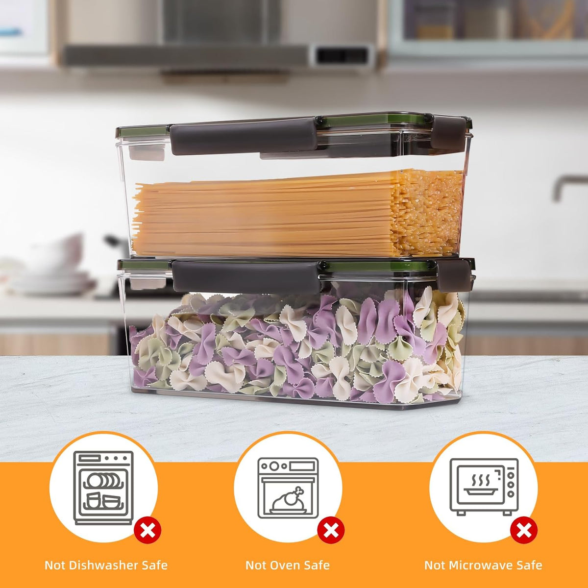 Horizontal Rice and Pasta Storage Containers, Set of 2 (5.2L) Airtight Kitchen Containers with Lids for Spaghetti, Crackers, Chips, Flour, and Noodles, Mouse-Proof Design
