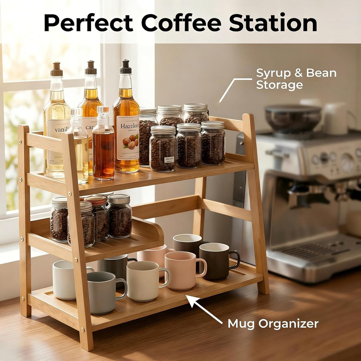 3 Tier Bamboo Matcha Station, coffee station organizer Shelf for Kitchen Countertop, Tea Bar - Matcha Powder, Tools & Cup Organizer for Matcha Lovers, Home Baristas.