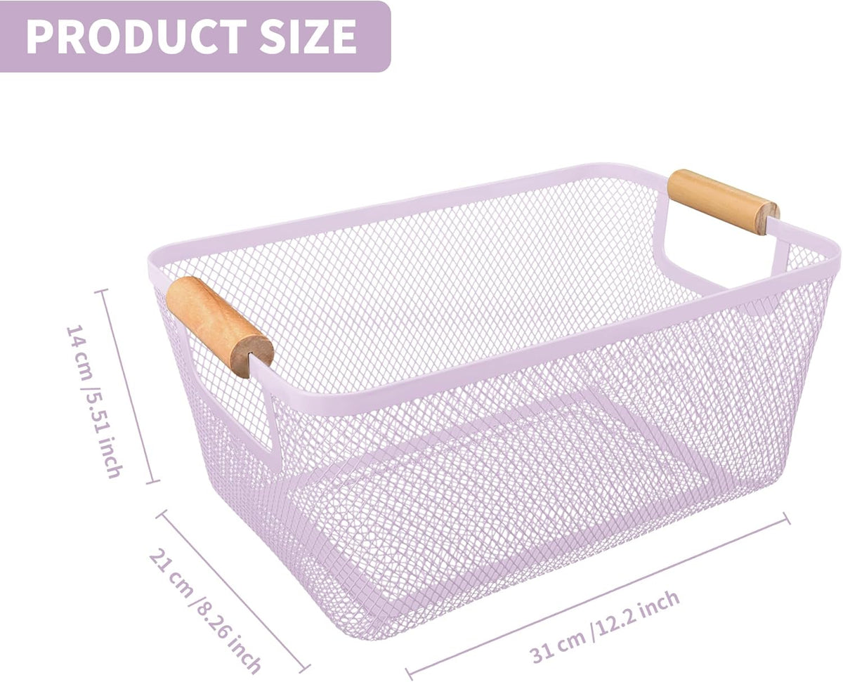2 Pack 12" Wide Metal Mesh Baskets with Bamboo Handles for Pantry Organization | Wire Storage Bins for Kitchen, Cabinet, Fruit & Snacks | Decorative Farmhouse Style Organizer