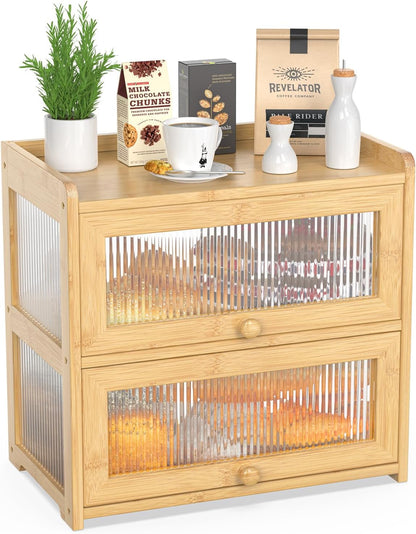 BAMBANG Bamboo Bread Box for Kitchen Countertop, Extra Large Farmhouse Bread Box with 4-Side Clear Panels, Wooden Bread Storage Container for Homemade Bread, Natural