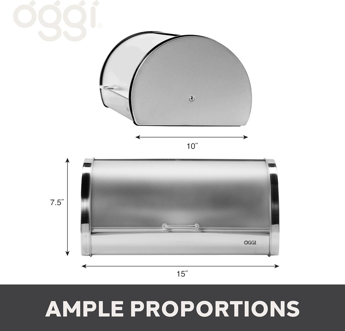 Oggi Stainless Steel Roll Top Bread Box for Kitchen Countertop with Tempered Glass Lid - Fits Multiple Large Loaves of Bread and Other Freshly Baked Goods Including Cookies, Bagels, Muffins