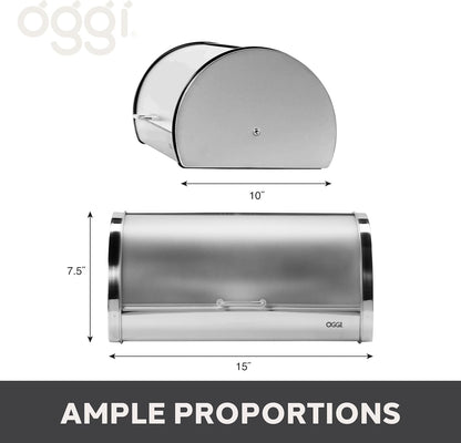 Oggi Stainless Steel Roll Top Bread Box for Kitchen Countertop with Tempered Glass Lid - Fits Multiple Large Loaves of Bread and Other Freshly Baked Goods Including Cookies, Bagels, Muffins
