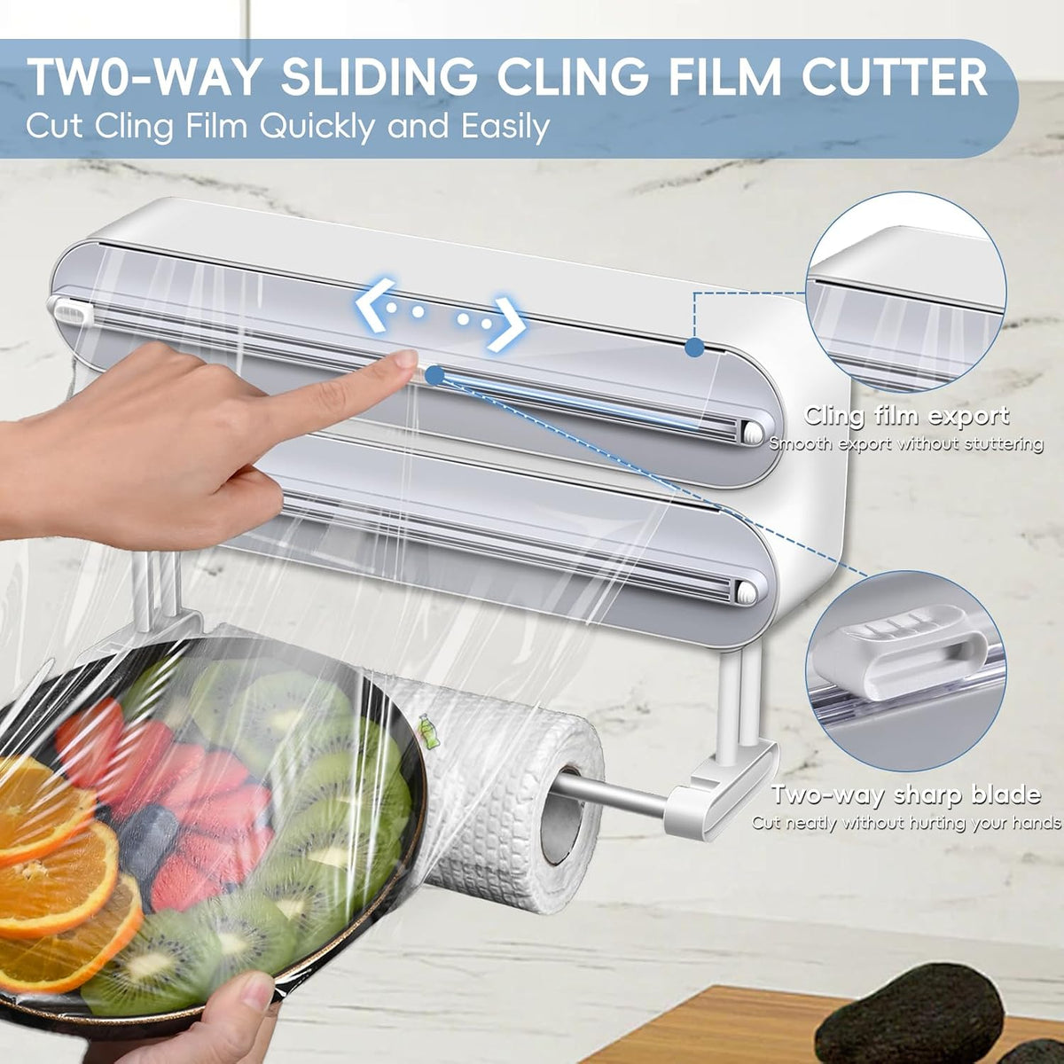 Magnetic Plastic Wrap Dispenser with Cutter,3 in 1 Aluminum Foil wrap Organizer,Upgrade Practical Refillable Cling Wrap Film Cutter，Wall Mount Kitchen Wrap Dispenser - Fits 12" Roll, White