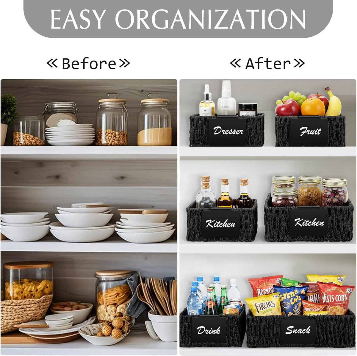 Marsui 9 Pcs Wicker Storage Baskets for Pantry Organization with Handle Labels Handwoven Multi-size Dark Brown Small Organizer Baskets Storage Bin Container for Shelves Closet Toilet Christmas Holiday