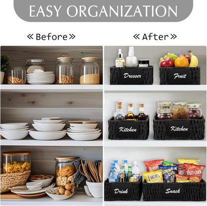 Marsui 9 Pcs Wicker Storage Baskets for Pantry Organization with Handle Labels Handwoven Multi-size Dark Brown Small Organizer Baskets Storage Bin Container for Shelves Closet Toilet Christmas Holiday