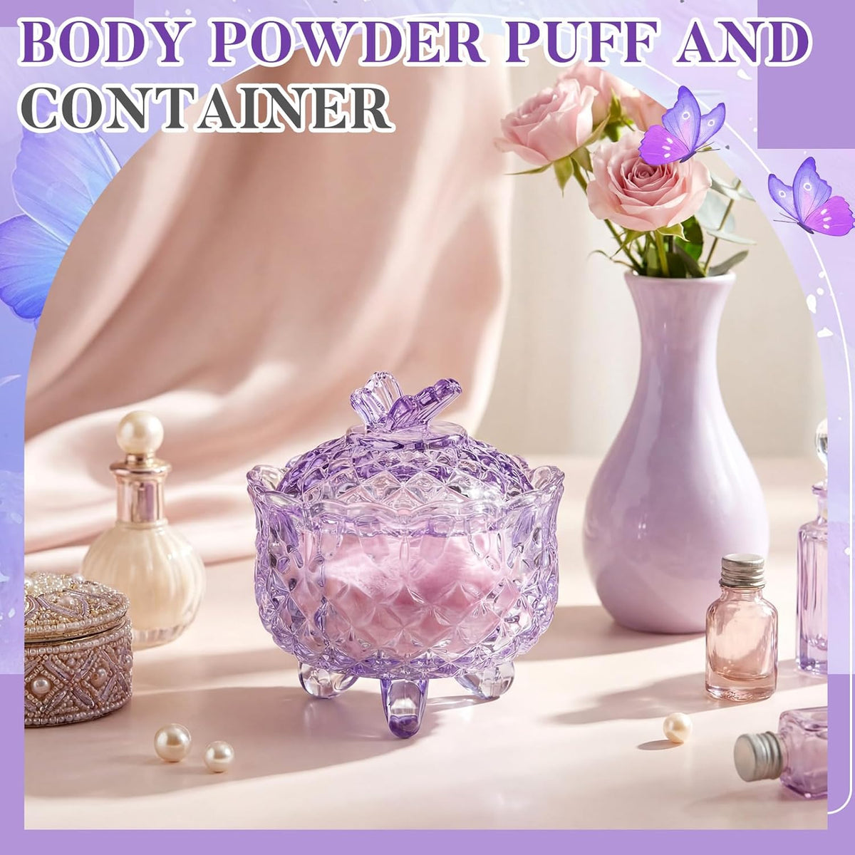 Tioncy 3 Pcs Large Body Powder Puff and Container Valentine's Day gift Powder Container with Puff Crystal Case Soft Washable Reusable Velour Face Body Glitter Wet Dry Makeup (Classic,Clear)