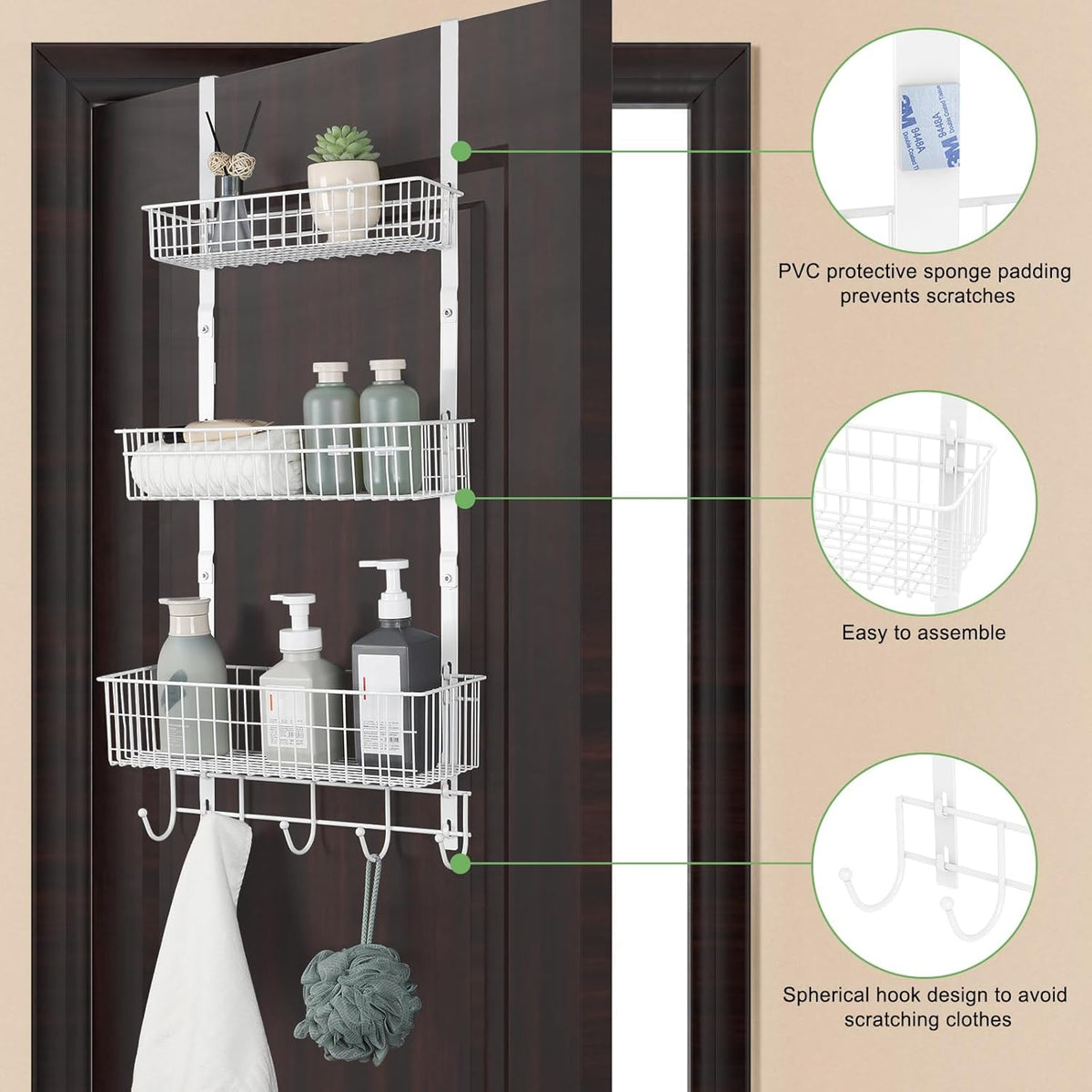 Over the Door Pantry Organizer 3 Tier Hanging Basket Back Door Storage Rack Shelf Metal Over the Door Shelves with 3 Baskets and 5 Hooks for Bathroom Kitchen Pantry Bedroom, Black