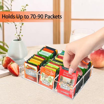 Tasybox Tea Bag Organizer, Clear Acrylic Tea Bag Holder with 6 Slot, Tea Packet Storage for Drawer, Pantry, Kitchen, Cabinet, Countertop