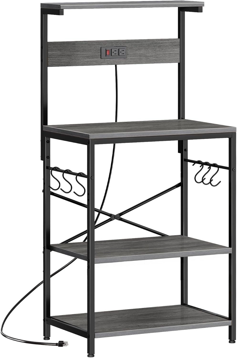 SUPERJARE Kitchen Bakers Rack with Power Outlet, Coffee Bar Table 4 Tiers, Kitchen Microwave Stand with 6 S-shaped Hooks, Storage Shelf Rack for Spices, Pots and Pans - Rustic Brown