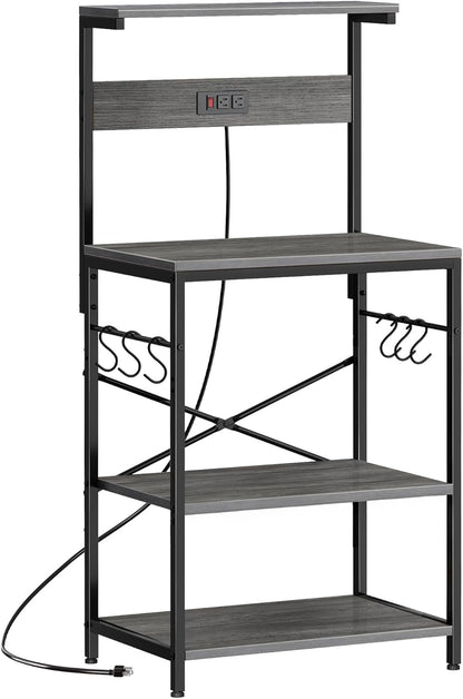 SUPERJARE Kitchen Bakers Rack with Power Outlet, Coffee Bar Table 4 Tiers, Kitchen Microwave Stand with 6 S-shaped Hooks, Storage Shelf Rack for Spices, Pots and Pans - Rustic Brown