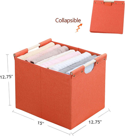 HOONEX Large Collapsible Storage Bins, Linen Fabric, Pack of 2, Storage Baskets with Wooden Carry Handles and Sturdy Heavy Cardboard, for Home, Office, Car, Nursery, Black