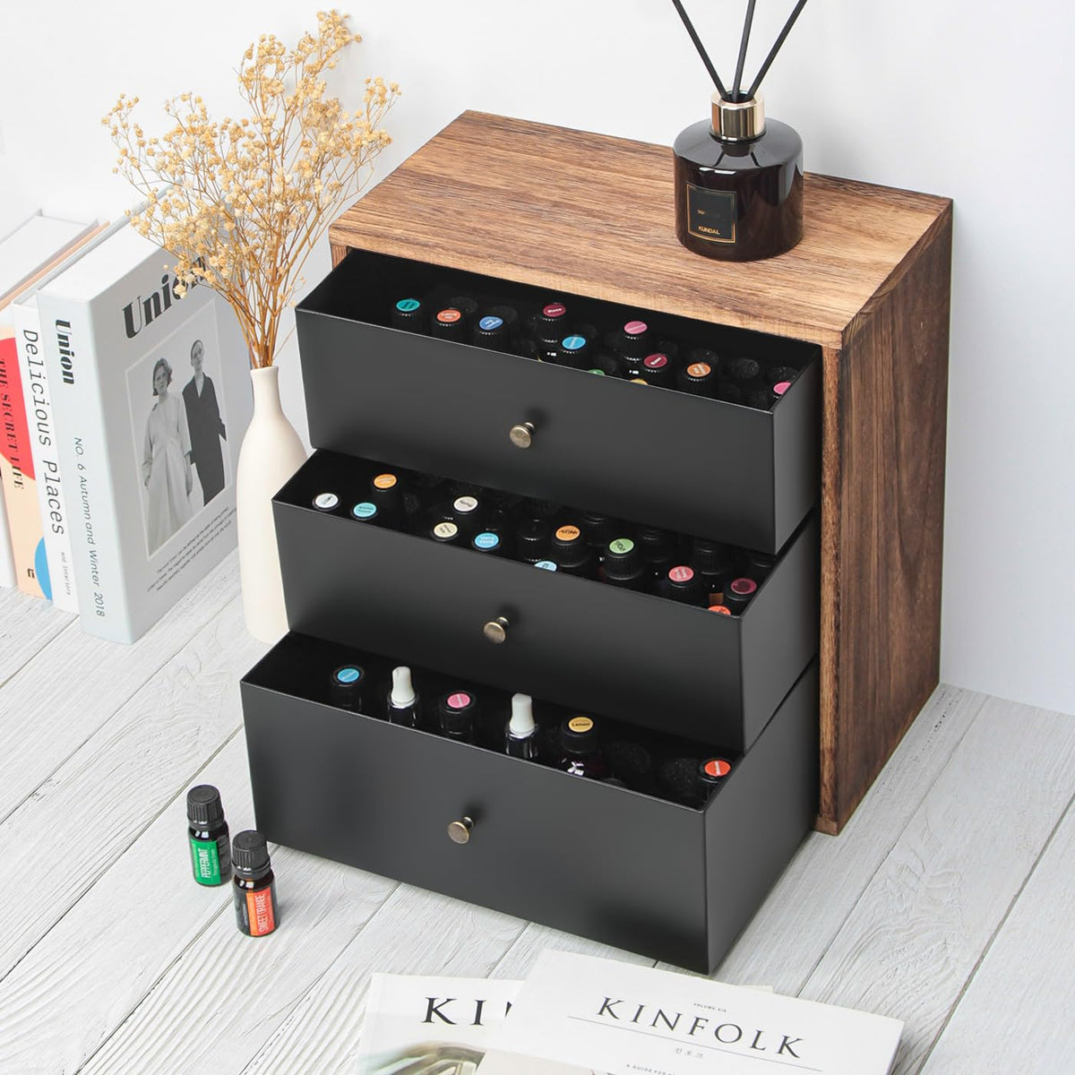 J JACKCUBE DESIGN Essential Oil Storage Box, Holds up to 124 Bottles 5-30 ml Standard and Roller Bottles, 3 Tier Metal & Wooden Drawer Case Organizer Display Container- MK584A