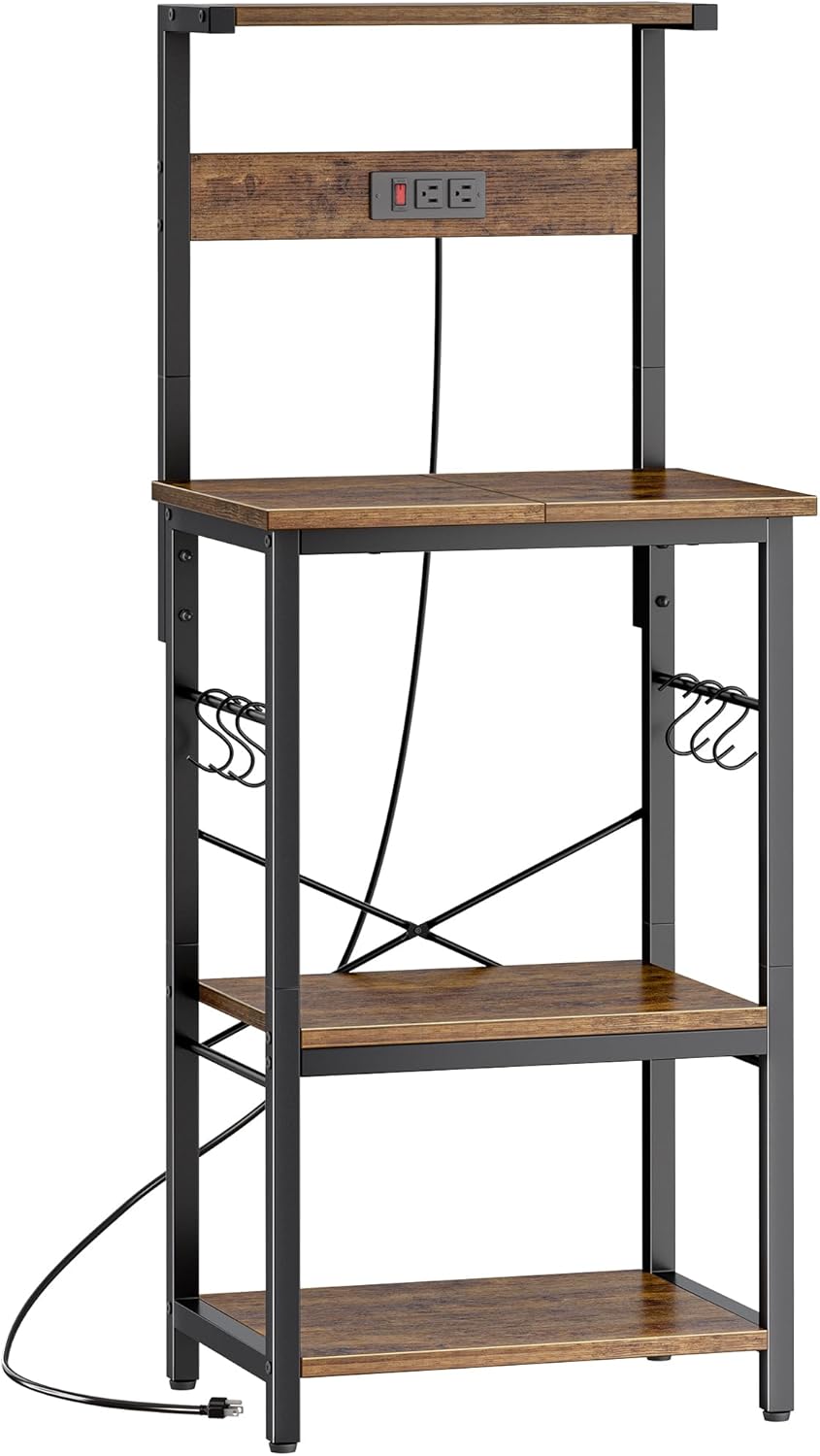 SUPERJARE Kitchen Bakers Rack with Power Outlet, Coffee Bar Table 4 Tiers, Kitchen Microwave Stand with 6 S-shaped Hooks, Storage Shelf Rack for Spices, Pots and Pans - Rustic Brown