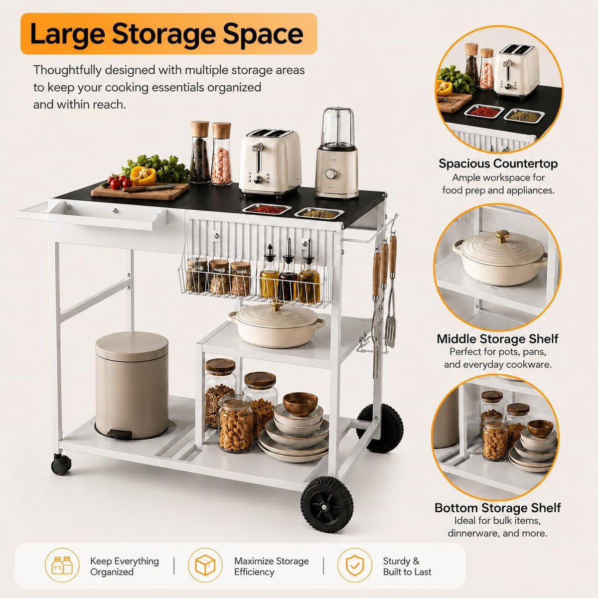 SUNLEI Rolling Cart Kitchen Storage Organizer with Spice Basket, Kitchen Island on Wheels with Paper Towel Holder, Lockable Wheels & Bottle Opener, Trash Bag Holder for Kitchen(Black)