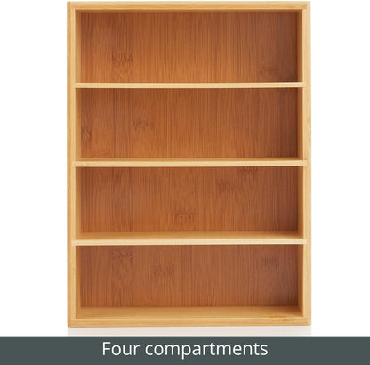 mDesign Bamboo Wood Compact Food Storage Organizer Bin Box - 4 Divided Sections - Holder for Seasoning Packets, Pouches, Soups, Spices, Snacks - Natural