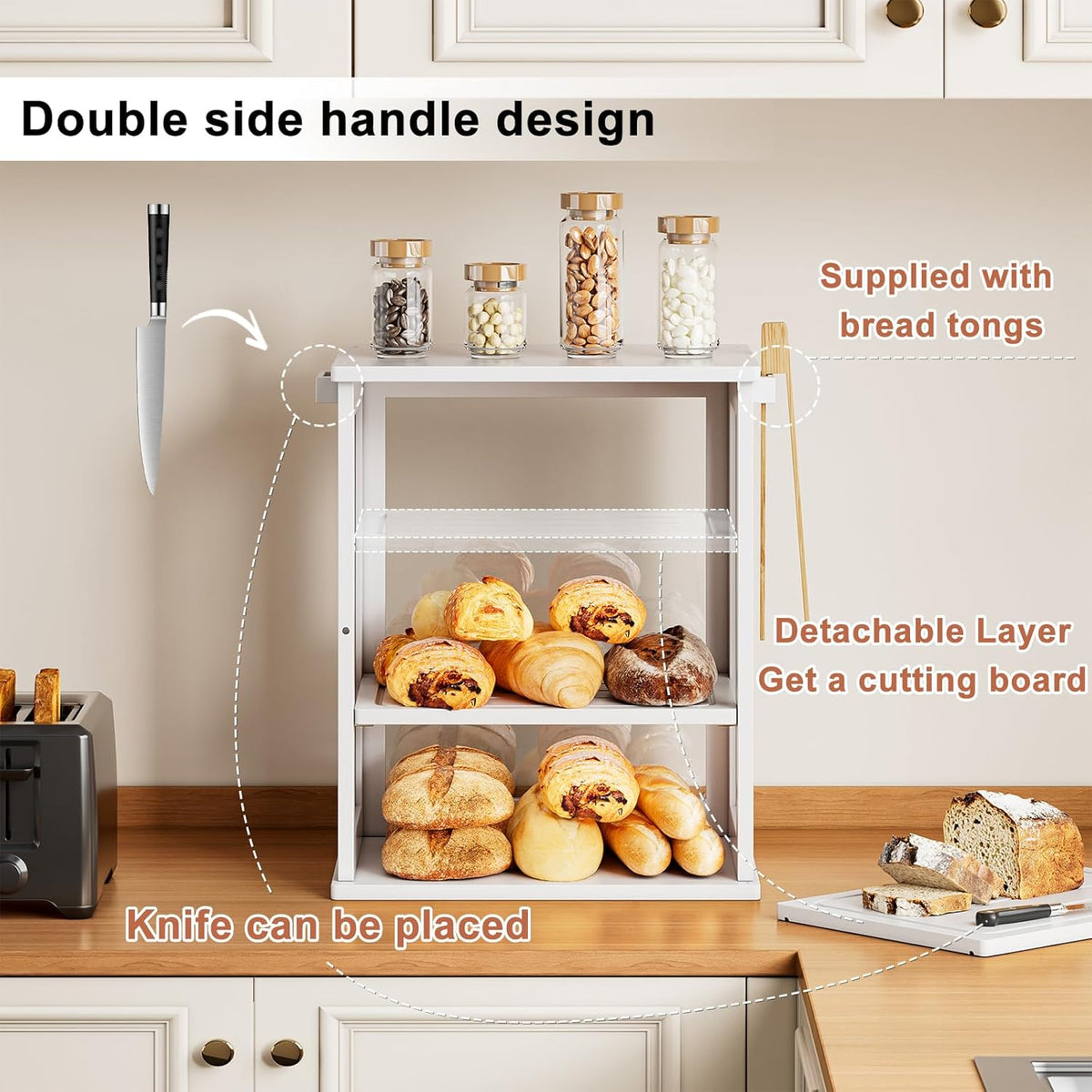 WOWLIVE Black Bread Box for Kitchen Countertop, Large 3 Layers Bread Storage Container for Homemade Bread with Window, Farmhouse Breadbox Organizer for Kitchen, Cabinet, Pantry (Black, Meduim)