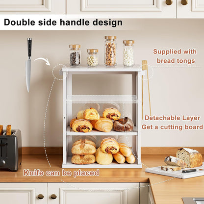 WOWLIVE Black Bread Box for Kitchen Countertop, Large 3 Layers Bread Storage Container for Homemade Bread with Window, Farmhouse Breadbox Organizer for Kitchen, Cabinet, Pantry (Black, Meduim)