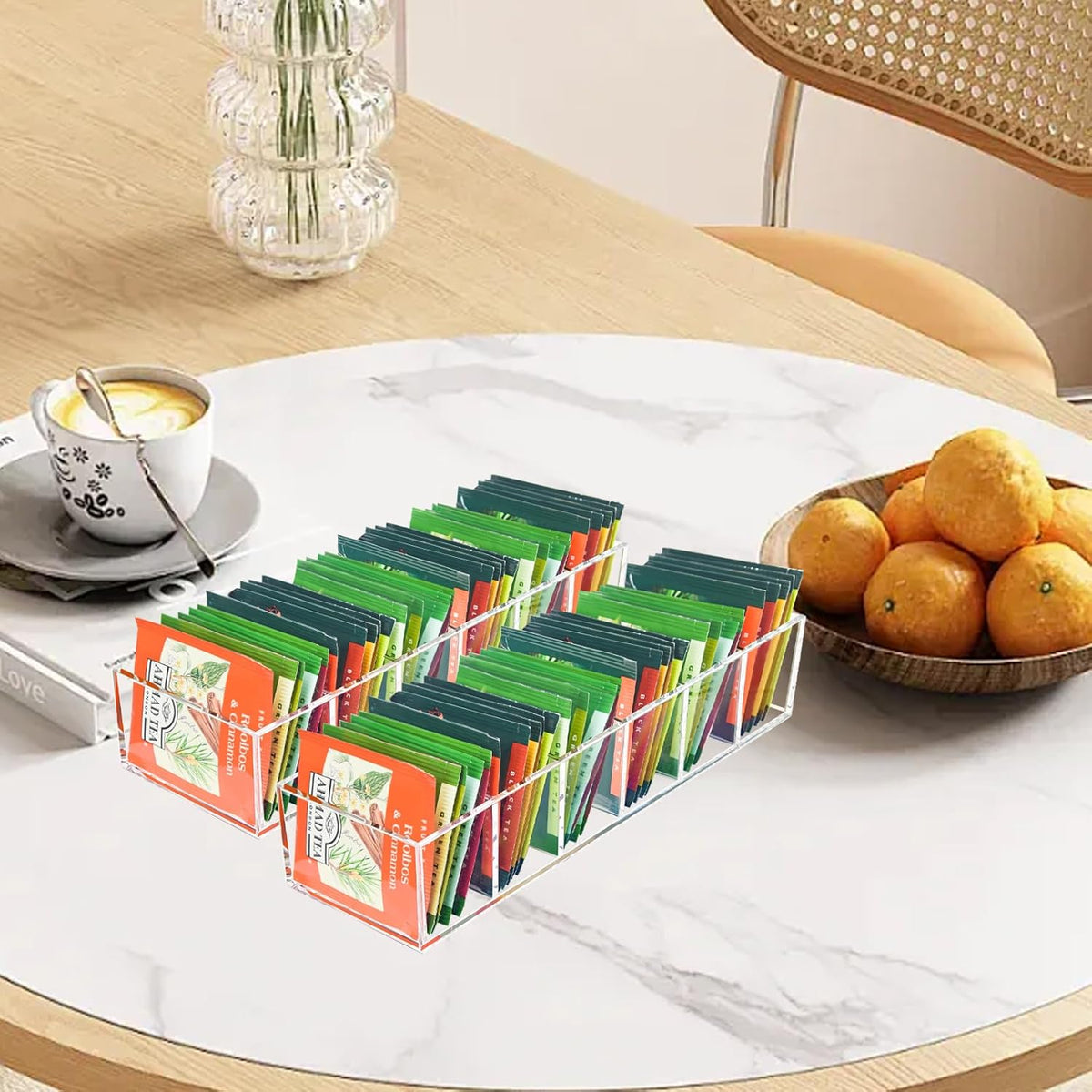 Tea Bag Organizer, Clear Tea Bag Holder with 6 Slot, Tea Packet Storage for Countertop, Drawer, Kitchen, Pantry, Cabinet