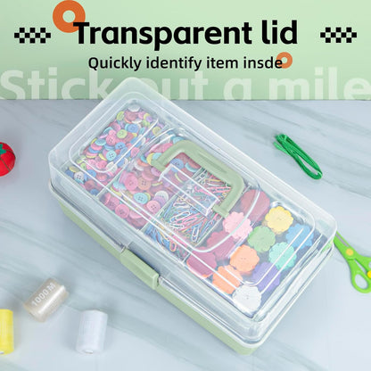 TERGOO 12.5in 3-Layer Multipurpose Craft Organizers and Storage with Adjustable Dividers, Portable Tackle Box, Folding Art & Craft Case for Medicine, Tool, Sewing Organizer (Haze Green)