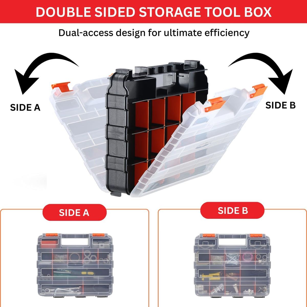Andalus Tools Organizer Box, Small Parts Storage 34-Compartment Double-Sided Portable Hardware Organizer Removable Plastic Dividers for Screws, Nuts, Bolts, Nails – Orange (12.5" x 10.5" x 3")