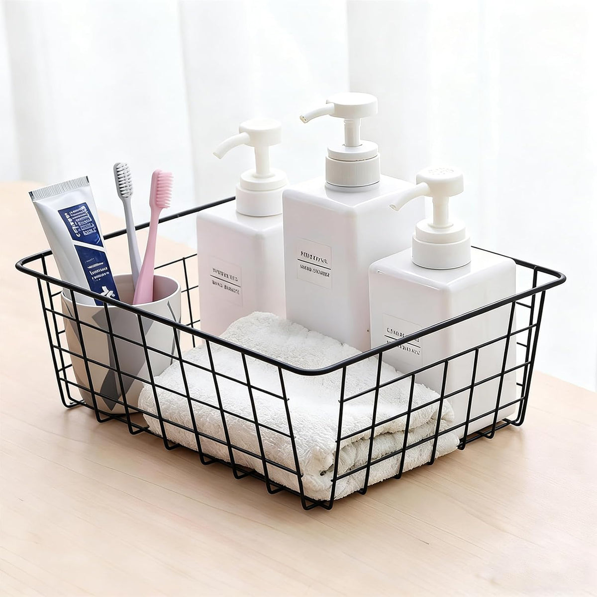 4 Pack White Wire Baskets for Pantry, 11" Upright Wire Freezer Storage Bins with Handles, Small White Metal Storage Basket for Freezer Organizing Office Kitchen Closets