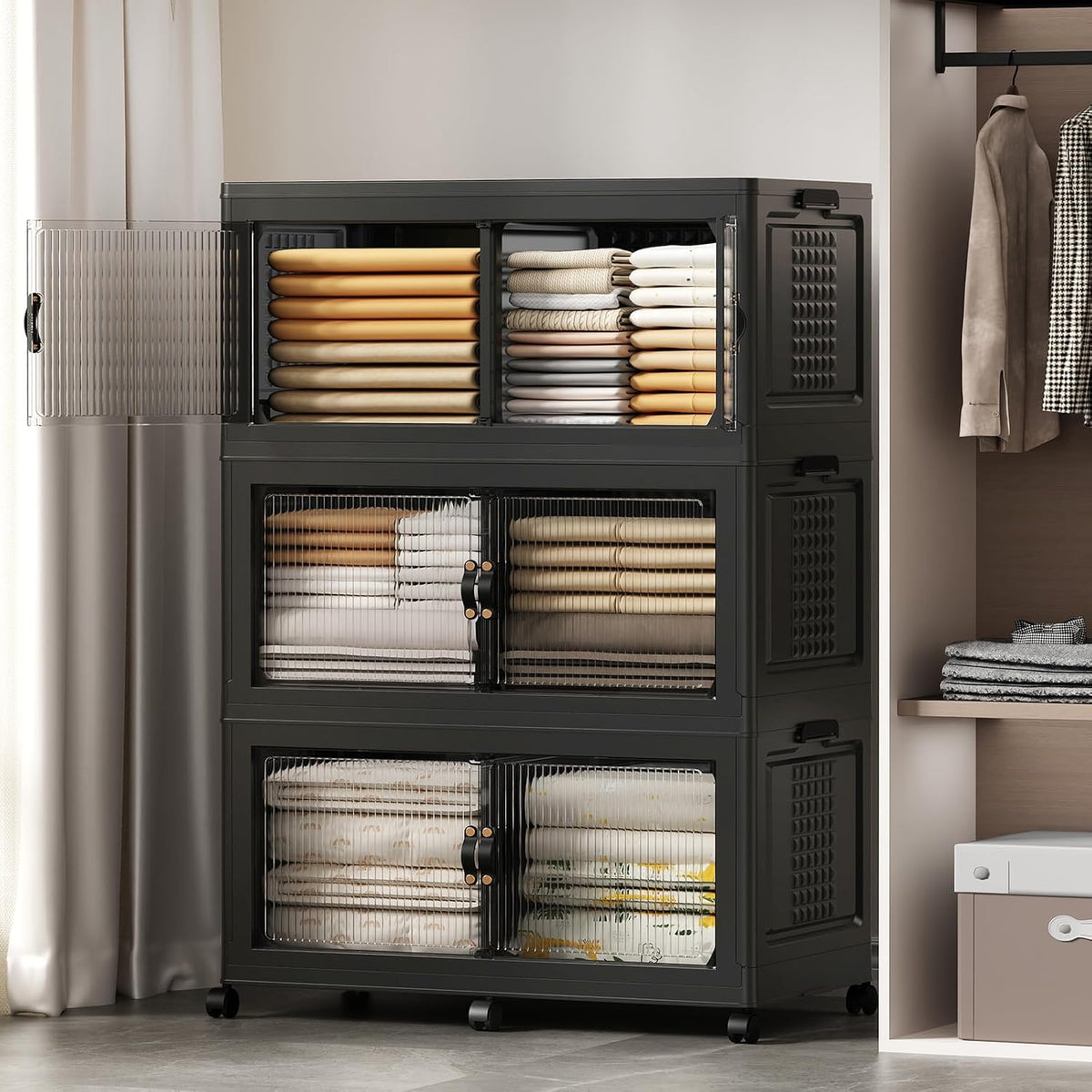 SAILUN 145Gal/580Qt Stackable Storage Bins Folding Collapsible Storage Bins with a Lid, Closet Organizers and Storage,White 26" W x 17" D x 71" H