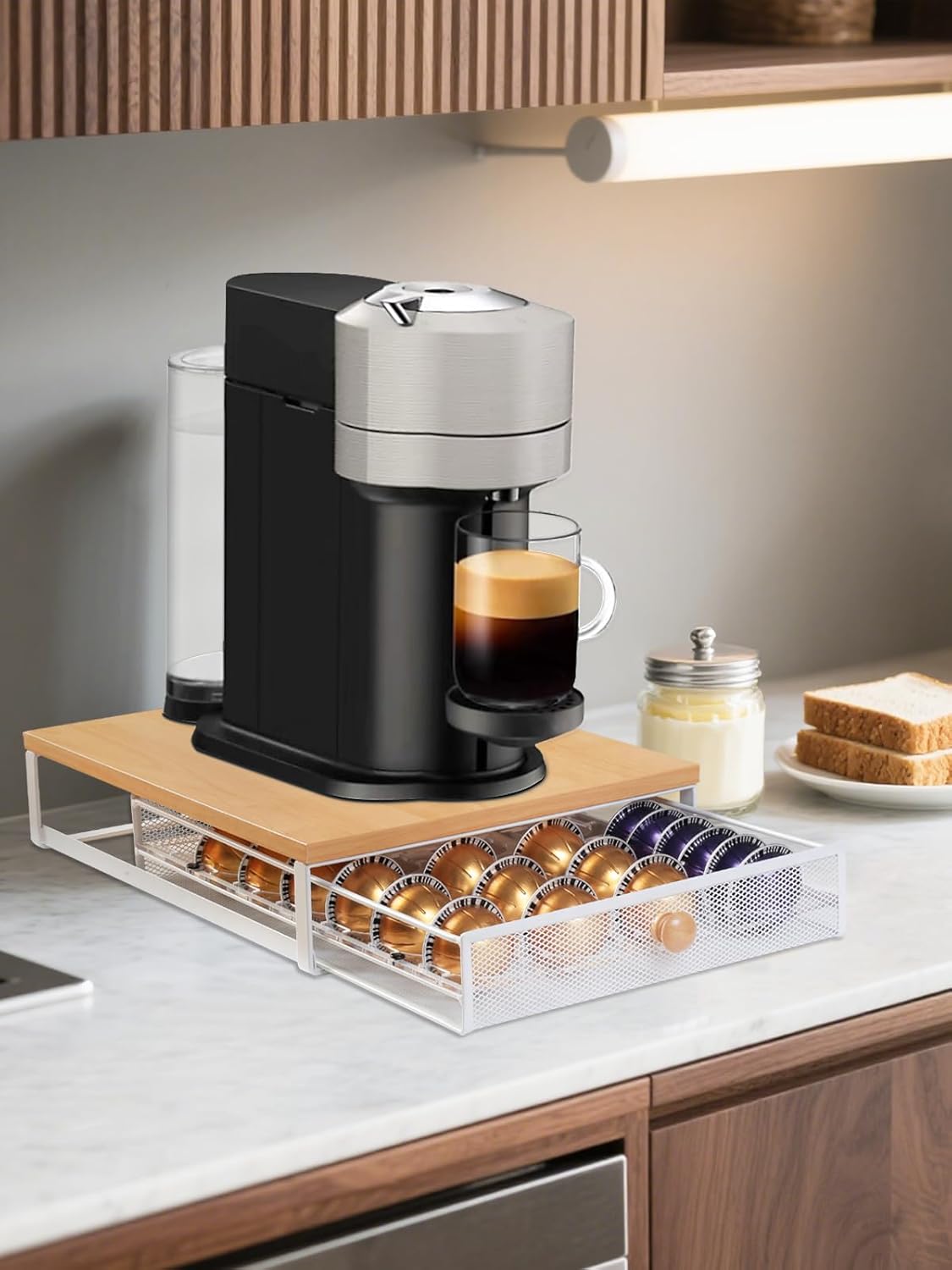 Sedegn Coffee Pod Holder Counter Coffee Vertuo Capsules Storage Organizer with Sliding Drawer Compatible For 35 K-Cup Pods No Assembly Needed Rustic Brown