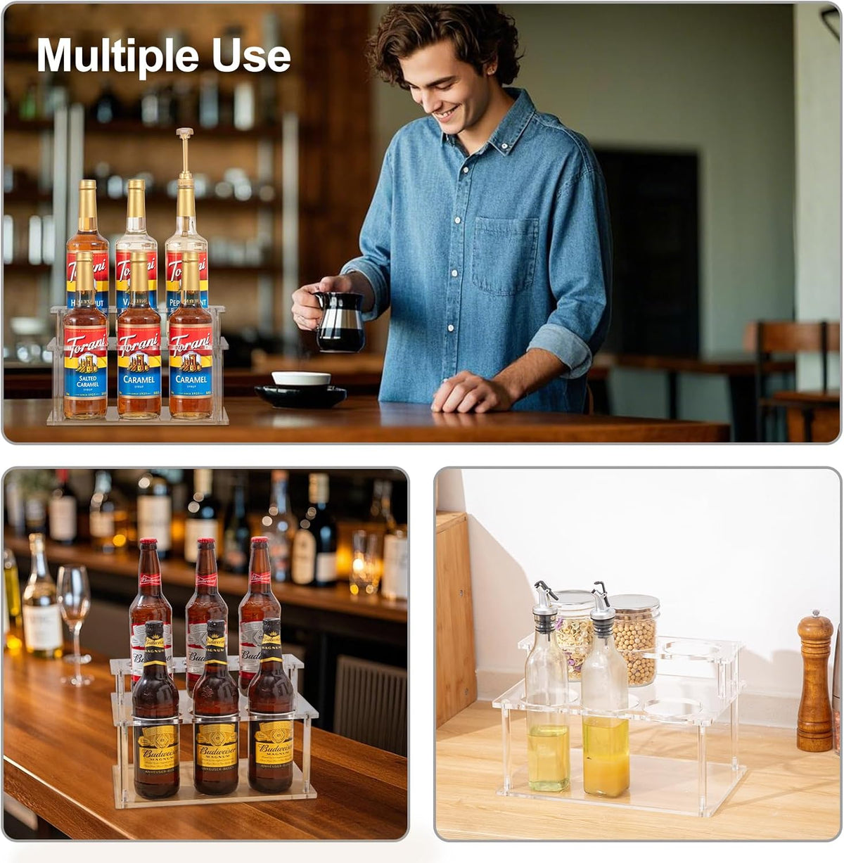 Acrylic Coffee Syrup Organizer, 2 Tier Coffee Syrup Rack (6 Bottle Capacity), Syrup Bottle Holder Stand for Coffee Bar, Kitchen Countertop Syrups, Condiments and Wine (Transparent)