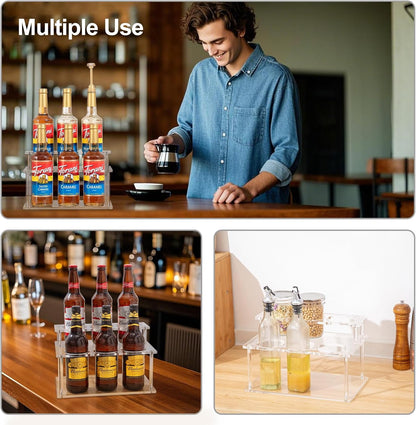 Acrylic Coffee Syrup Organizer, 2 Tier Coffee Syrup Rack (6 Bottle Capacity), Syrup Bottle Holder Stand for Coffee Bar, Kitchen Countertop Syrups, Condiments and Wine (Transparent)