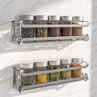 LUCYCAZ Wall Mounted Spice Rack with 8 Hooks, Spice Organizer Shelf for Stove Cabinet Pantry Door,Screw or Adhesive Spice Shelf Hanging Wall Spice Rack in Kitchen and RV (Black)