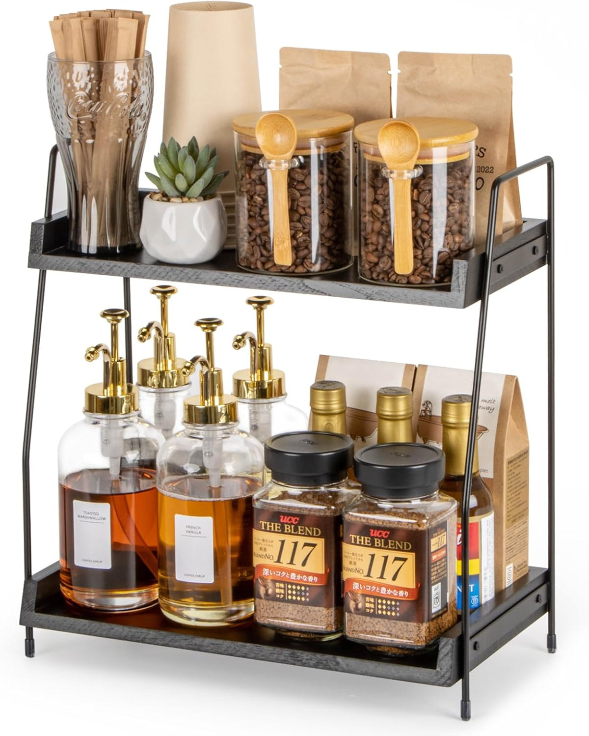 ANBOXIT Countertop Coffee Station Organizer, 2 Tier Wooden Shelf for Coffee Bar Accessories, Condiment Storage Caddy for Kitchen, Home, Office - Brown