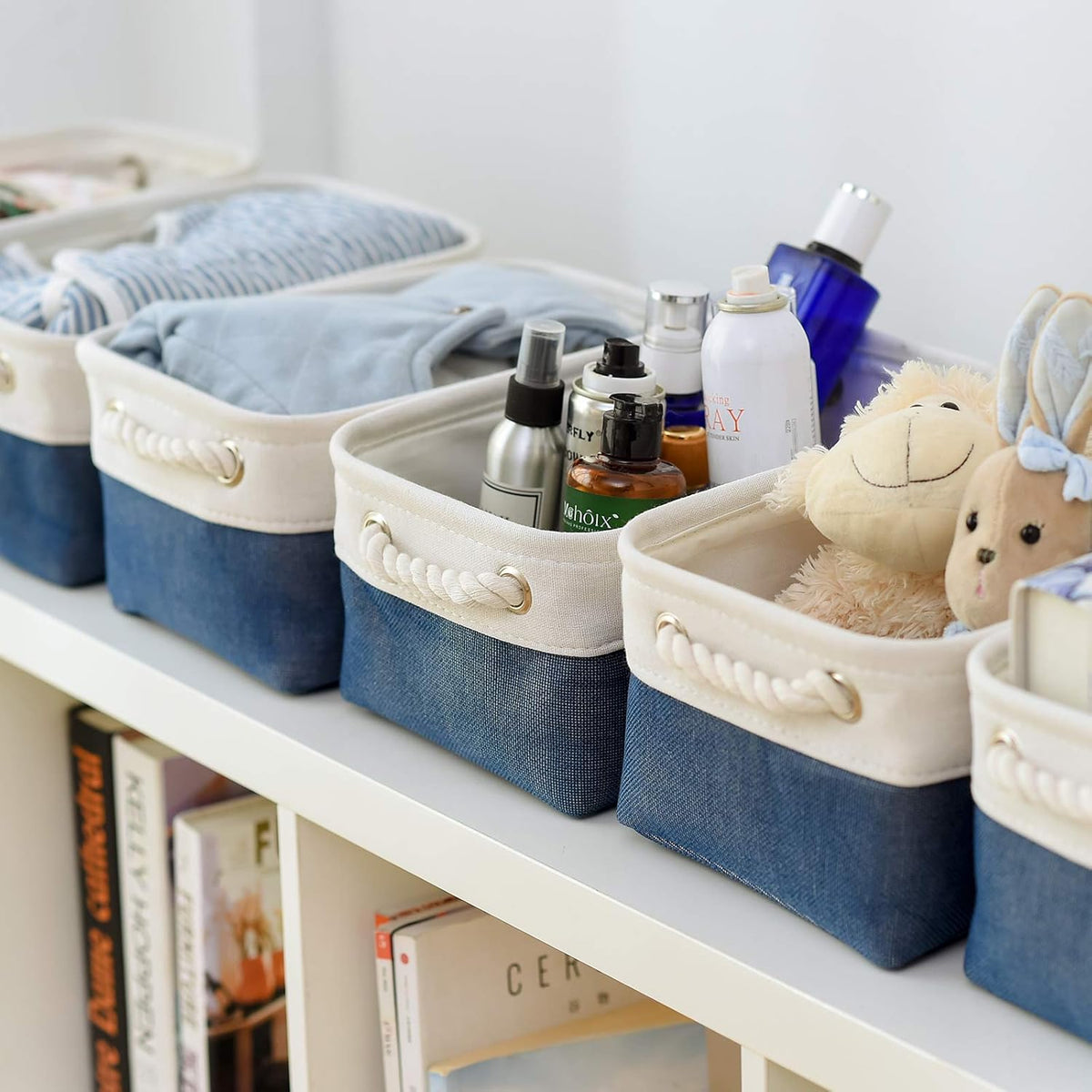 Fabric Storage Bins 12x8x5 inch [6-Pack] with Rope Handles - Decorative Baskets for Organizing